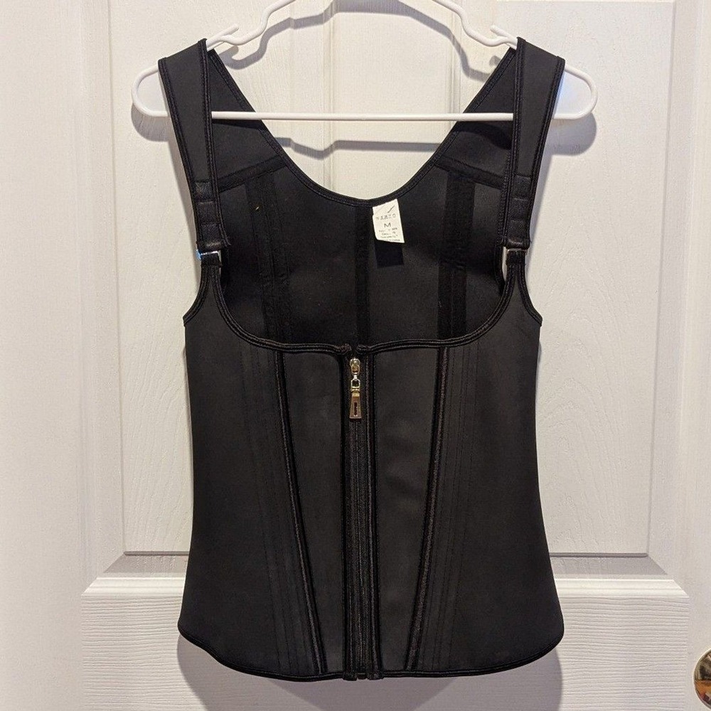 Y2K Waist Trainer 100% Latex Corset Cincher Shapewear Black Zip Front Vest M - Picture 2 of 6